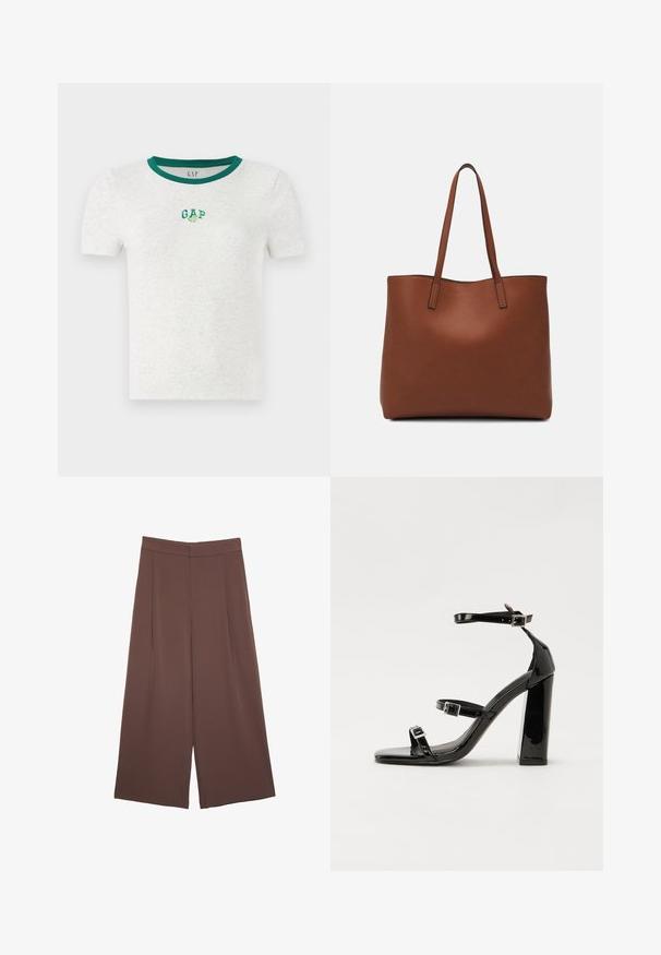 Kratke rokave bela majica s zelenim rebrastim izrezom, ki ima na prsih majhen vezen "GAP" logotip v zeleni in beli barvi.; Rjave široke hlače z gladko teksturo, ki imajo visok pas in sprednje naborke. Tkanina je lahka in prosto pada.; Črne lakirane sandale s peto, kvadratnim prstom, trakovi okrog gležnja in srebrnimi zaponkami. Opremljene so s stabilno Debelo peto.; Rjava usnjena torba z gladko teksturo, odprto zasnovo zgoraj in dvema naramnima trakovoma. Opremljena je z minimalnim šivanjem in brez vidnih kovinskih delov.