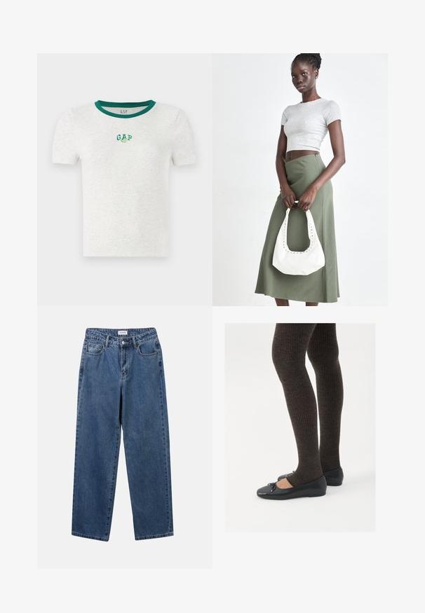 Tricou alb cu mânecă scurtă, cu o guleră din materiale ribbate de culoare verde, având un mic logo brodat "GAP" în verde și alb pe piept.; Jeans clasice din denim albastru, cu un design drept, cinci buzunare și închidere cu nasture. Prezentând o spălare medie și o textură rezistentă.; Pantofi negri cu un detaliu mic de fundiță la vârf, asortați cu colanți maro închis, cu textură ondulată. Pantofii au o textură netedă și un profil joase.; Crop top griș cu dungi și fustă verde măsliniu cu talie înaltă. Modelul ține o geantă albă de umăr cu detalii tăiate. Design simplu, siluetă ajustată.
