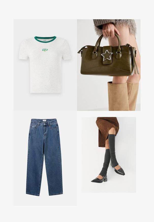 Bijela majica kratkih rukava s zelenim rebrastim izrezom, s malim izvezenim "GAP" logom u zelenoj i bijeloj boji na prsima.; Klasične plave traperice s ravnim nogavicama, pet džepova i dugmadom za zatvaranje. Imaju srednje pranje i čvrstu teksturu.; Crne lakirane cipele s šiljastim prstima, blok-petom i remenom oko gležnja, uparene s sivim rebrastim čarapama do koljena i smešnom suknjom od antilopa.; Maslinasto zelena torba od umjetne kože s srebrnim zvijezdastim detaljem, dvostrukim ručkama i zatvaranjem na munje. Teksturirana površina i strukturirani oblik.