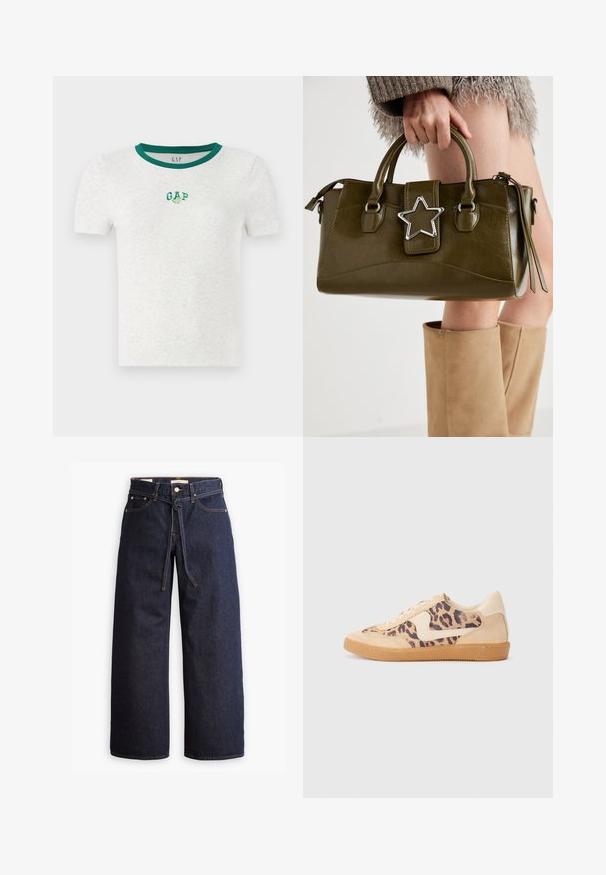 Short-sleeve white t-shirt with a green ribbed neckline, featuring a small embroidered "GAP" logo in green and white on the chest.; Wide-leg dark blue denim jeans with a high waist, featuring a drawstring tie, five pockets, and contrasting stitching details.; Leopard print sneakers with beige suede upper, tan rubber sole, and white accents. Round toe and lace-up design with a textured finish.; Olive green faux leather handbag with silver star accent, dual handles, and a zip closure. Textured surface and structured shape.