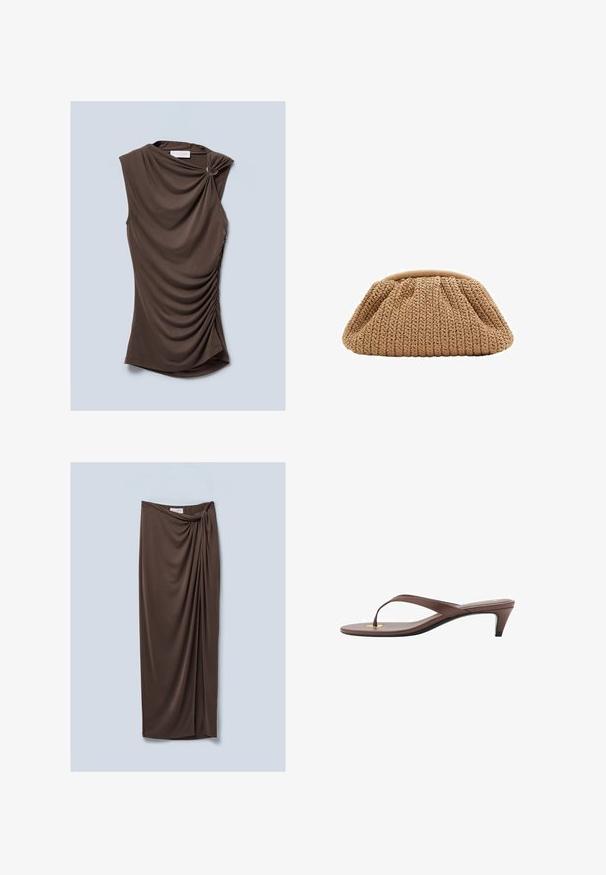 Brun ærmeløs top med draperet stof, der har en snoet skulderdetalje og sammenfoldede sider, lavet af et blødt, glat materiale.; Brun, knælang nederdel lavet af blødt, draperet stof. Har en snoet knude detaljeret i taljen og en glat tekstur.; Brune hælflip-flop sandal med en slank rem og rund tåpost, der har et lille guldaccent på fodsengen.; Strikket beige clutch taske med en samlet design og rund form, der har en tekstureret stofoverflade og blød åbning foroven.