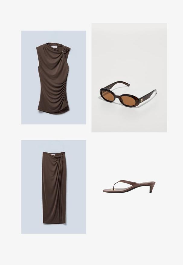Top senza maniche marrone con tessuto drappeggiato, caratterizzato da un dettaglio della spalla attorcigliato e lati arricciati, realizzato in un materiale morbido e liscio.; Gonna marrone di lunghezza al ginocchio realizzata in un morbido tessuto drappeggiato. Presenta un dettaglio a nodo attorcigliato in vita e una superficie liscia.; Infradito con tacco marroni, dotati di una fascia sottile e un puntale arrotondato, con un piccolo dettaglio dorato sulla soletta.; Occhiali da sole tartarugati marroni con lenti ovali, caratterizzati da una montatura sottile e un piccolo accento metallico sul lato. Finitura texturizzata e lucidata.
