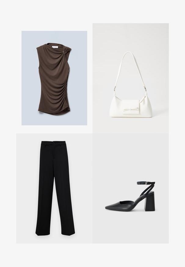 Barna ujjatlan felső, redőzött anyaggal, csavart vállrész részlettel és gyűrt oldalakkal, puha, sima anyagból készült.; Fekete, széles szárú nadrág sima anyagból, klasszikus derékrésszel, gombzárral és elülső redőkkel.; Fekete bőr, hegyes orrú magassarkú cipő boka pánttal és vastag sarokkal. Sima textúra, elegáns dizájn és minimális esztétika.; Fehér szintetikus kézitáska, háromszög alakú, lapos előlap, masni részlettel, állítható pánttal, sima textúrával és minimalista dizájnnal.