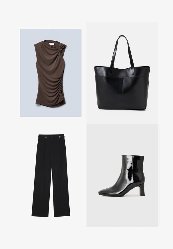Hnedý bezrukávový top s drapériou, s prekrúteným detailom na ramene a nariasenými stranami, vyrobený z jemného, hladkého materiálu.; Čierne široké nohavice s vysokým pásom, so zapínaním na gombíky na páse a prednými sklady.; Čierne lakované členkové topánky s špicatou špičkou a stredne vysokým blokovým podpätkom. Hladká textúra a minimalistický dizajn.; Čierna kožená tote taška s dvoma dlhými rúčkami, hladkým povrchom a štruktúrovaným tvarom. Obsahuje prednú kapsu pre dodatočné uskladnenie.