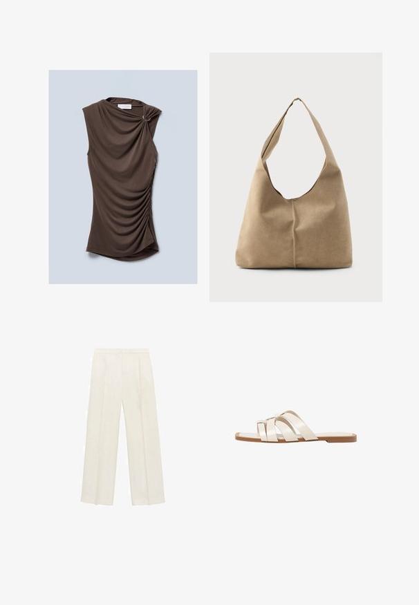 Brun ærmeløs top med draperet stof, der har en snoet skulderdetalje og sammenfoldede sider, lavet af et blødt, glat materiale.; Bredbenede bukser i en lys cremefarve. Fremstillet af et glat stof med plisseringer foran og sidelommer.; Flade sandaler med en lys gummisål, designet med tre overlappende hvide læderremme og en lille sløjfe detalje i midten.; Hobo taske i blød beige ruskind med en afslappet form, bred skulderrem og håndsyet sømdetalje langs fronten.