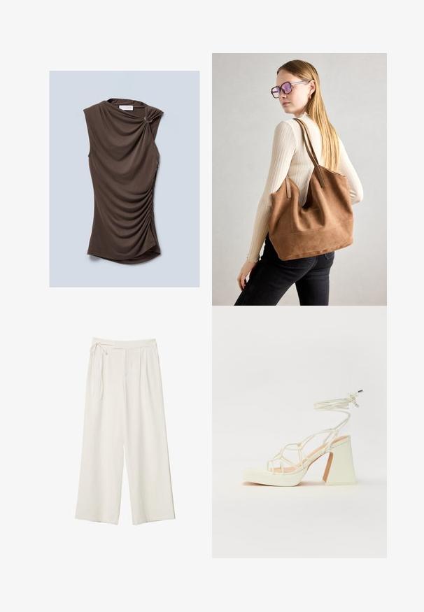 Brun ærmeløs top med draperet stof, der har en snoet skulderdetalje og sammenfoldede sider, lavet af et blødt, glat materiale.; Vide ben bukser i off-white stof med en glat tekstur. Har en bundet talje og plisseret front, designet til en afslappet pasform.; Hvide højhælede sandaler med en kraftig hæl, der har et stropdesign og ankelbinding. Glat tekstur med en platform foran for ekstra højde.; Brun ruskind tote taske med blød tekstur, stor åbning og lange stropper. Har et enkelt design med synlige syninger og ingen hardware.