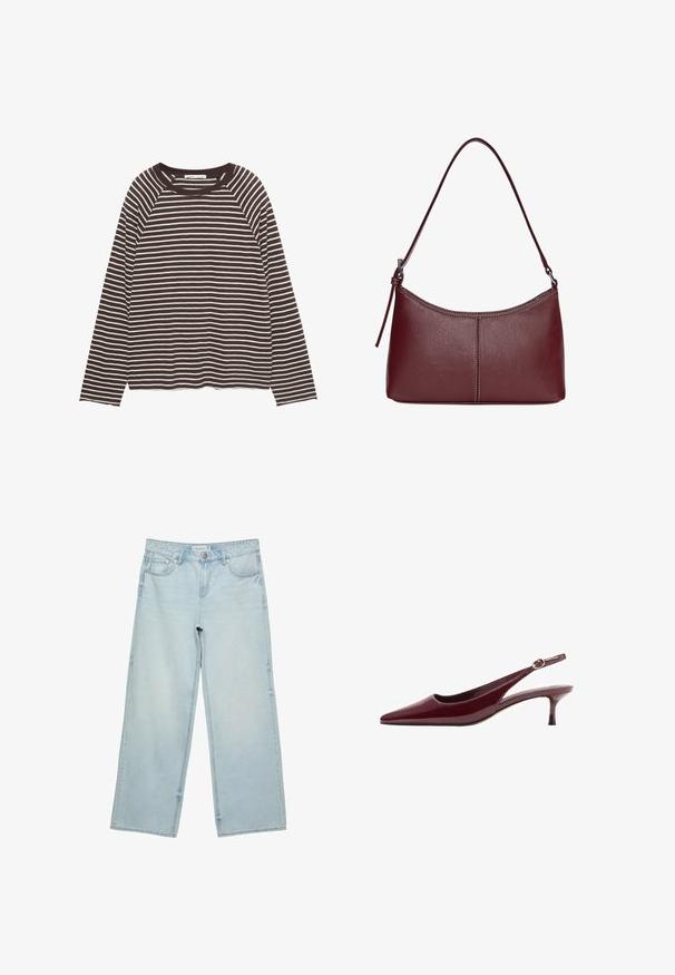 Long-sleeve T-shirt in brown and white horizontal stripes, featuring a crew neck and relaxed fit. Made from soft, lightweight fabric.; Light blue wide-leg jeans in denim, featuring a high waist, five pockets, and subtle fading. Straight cut with hemmed edges.; Burgundy patent leather slingback heel with a pointed toe and a thin, elegant heel, featuring a gold-tone buckle detail on the strap.; Maroon leather handbag with a curved shape, a single shoulder strap, and stitched detailing at the center. Smooth texture, minimal hardware.