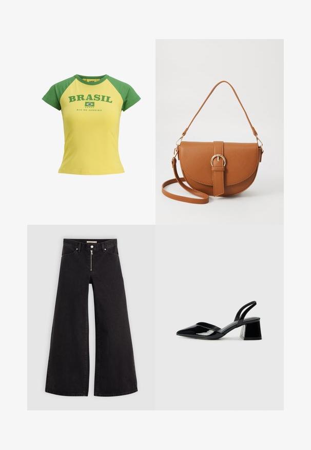 Yellow short-sleeve t-shirt with green raglan sleeves. Features "BRASIL" and "RIO DE JANEIRO" printed in dark green with a Brazil flag design.; Wide-leg jeans in black denim with a zippered front, five-pocket design, and subtle stitching details. Smooth texture and casual style.; Black patent leather slingback heels with a pointed toe and a geometric block heel. Features a sleek, minimal design and smooth texture.; Brown leather crossbody bag with a curved shape, gold hardware, and a buckle accent. Features a detachable shoulder strap.