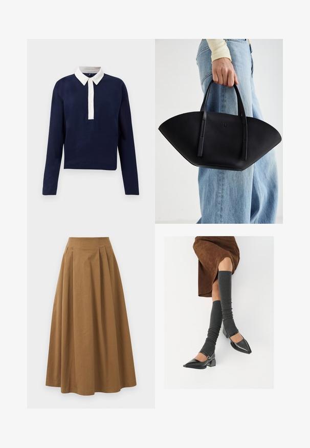 Marinblå tröja med långa ärmar, vit krage och knappslå. Tillverkad av mjukt tyg, designad för en avkopplad passform.; Brun bomull A-linje kjol med hög midja, med veck ned längs framsidan och en mjuk textur. Sömmen är ren och enkel.; Svarta lackläderskor med spetsig tå, blockklack och ankelrem, i kombination med grå ribbade benvärmare och en brun mockakjol.; Svart läderhandväska med en unik fläktform, som har platta handtag. Ytan har en pebblad textur och en minimalistisk design.