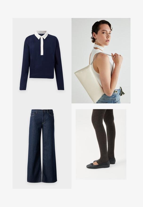 Tengerészkék pulóver hosszú ujjakkal, fehér gallérral és gombos záródással. Puha anyagból készült, kényelmes fazonja van.; Sötét kék farmer széles lábú nadrág. Kontrasztos varrással, öt zsebhálóval és gombos derékzárással rendelkezik. Simás textúra.; Fekete lapos cipők kis masni díszítéssel az orrán, sötétbarna bordázott harisnyával párosítva. A cipők sima textúrával és alacsony profilúak.; Fehér, téglalap alakú, fényes anyagból készült clutch táska, ezüst láncos pánttal. A modell pózol, bemutatva a táskát egy egyszínű háttér előtt.