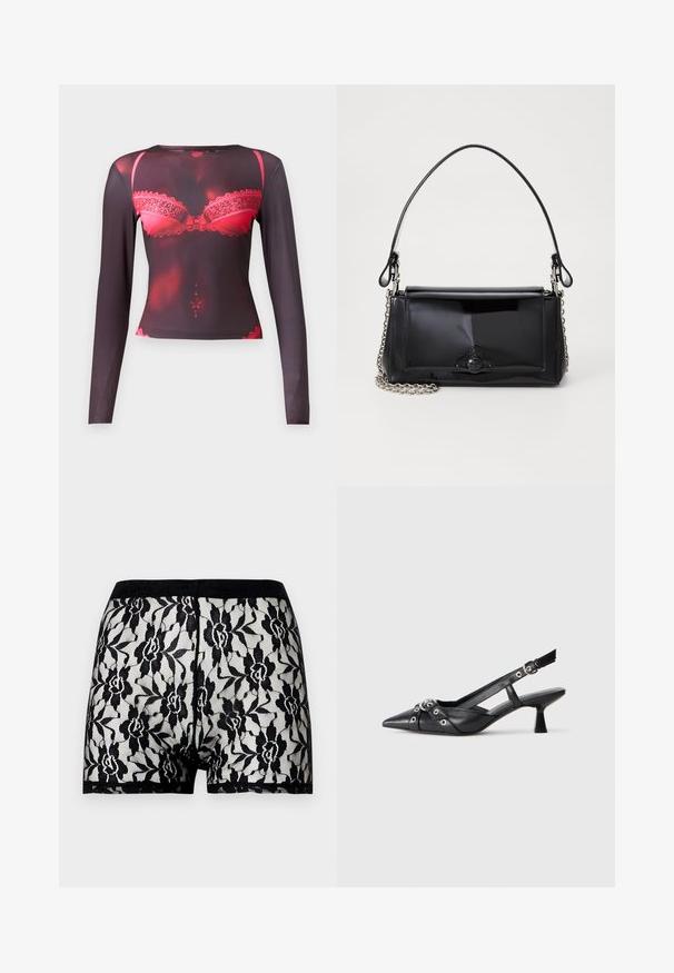 Langarmtop met een zwarte basis en een rode kanten beha-graphic, ronde halslijn en een rekbare, gladde textuur.; Zwarte kantshorts met een bloemenpatroon en een contrasterende effen zwarte tailleband. Transparant ontwerp met een zachte textuur, merkbaar tot halverwege de dij.; Zwarte leren slingback schoen met een puntige neus, decoratieve banden met metalen oogjes en een lage blokhak. Textuur oppervlak.; Zwart gepatineerd leren handtas met een rechthoekige vorm, kettingband en een opvallend hardwareaccent in het midden. Gladde textuur.