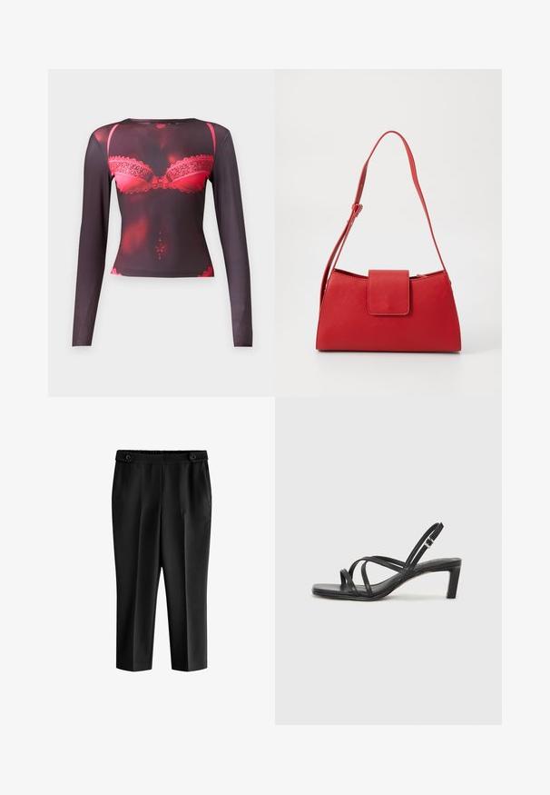 Langarmtop met een zwarte basis en een rode kanten beha-graphic, ronde halslijn en een rekbare, gladde textuur.; Zwarte cropped broeken met een losse pasvorm, elastische tailleband en twee voorkruiken. De stof heeft een gladde textuur met een licht glanzende afwerking.; Zwarte sandaal met bandjes, vierkante teen en een lage blokhak. Voorzien van meerdere dunne bandjes en een verstelbare enkelband. Gemaakt van zacht leer.; Rood leren handtas met een gestructureerd ontwerp, driehoekige vorm, verstelbare schouderband en een sluitklep aan de voorkant. Soepele textuur.