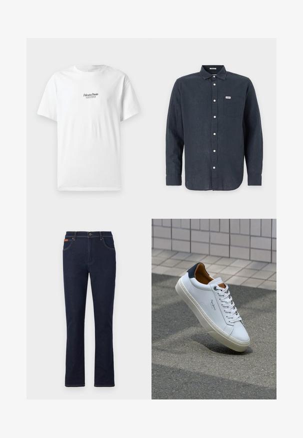 Bijela pamučna majica kratkih rukava, s natpisom "Palmiera Pantó" i "VENICE BEACH" u crnom rukopisnom fontu na prednjoj strani.; Tamna plava košulja dugih rukava od lana, s kragnom na dugme, prednjim džepom i bijelim gumbima. Wrangler logo na džepu.; Tamno plave traperice s ravnim krojem nogavica, s narančastim šavovima, pet džepova i kopčanjem na gumbe u struku.; Bijela kožna tenisica s mornarskom petom, okruglim vrhom i kontrastnim smešnim akcentima. Sadrži ravne vezice i teksturiranu gumenu potplat.