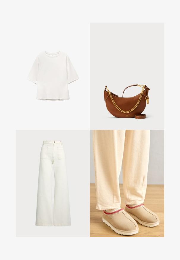 Weißes Kurzarm-T-Shirt mit Rundhalsausschnitt, Raglanärmeln und dezenten Nahtdetails an der Vorderseite und an den Schultern, flach auf einem weißen Hintergrund ausgelegt.; Weite Jeans aus off-white Denim. Hoch tailliertes Design mit Knopfverschluss, zwei Fronttaschen und kontrastierenden Stickdetails.; Beige Wildlederschuhe mit rotem dekorativem Rand und weißer Gummisohle, kombiniert mit hellbeigen Hosen, auf einem Holzboden.; Braune Lederhandtasche mit geschwungenem Design, goldener Kettenriemen, Innentasche und abnehmbarem Schulterriemen. Mit kontrastierenden Nähten.