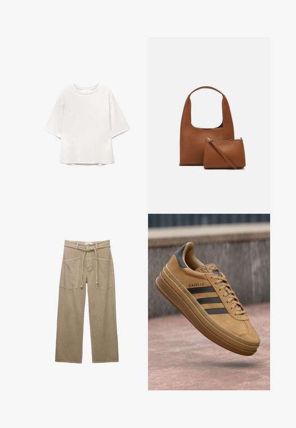 Bílá krátkosrstá tričko s kulatým výstřihem a raglánovými rukávy, s jemnými švy na přední části a ramenou, ležící na bílém pozadí.; Beige kalhoty s širokými nohavicemi vyrobené z odolné tkaniny, s velkými předními kapsami, pleteným páskem a decentními stehmi.; Světlé semišové tenisky s hladkou texturou, se třemi tmavými pruhy, zaoblenou špičkou a silnější podrážkou se vzorovaným okrajem.; Hnědá syntetická kabelka s prohnutým uchem a hladkým povrchem. Obsahuje odpovídající malou taštičku se zipem. Minimalistický design.