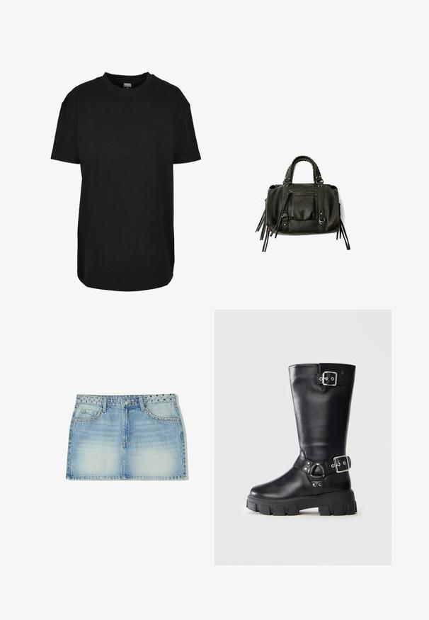 Crna pamučna majica s okruglim izrezom, kratkim rukavima, ležernim krojem i jednostavnim dizajnom. Nema vidljivih uzoraka ili akcenta.; Traper suknja mini u svijetloplavoj boji, s ukrašenim pojasom, dva prednja džepa i ravnim krojem s izblijedjelom teksturom.; Crna kožna čizma do sredine lista s debelim potplatima, dva srebrna remena s kopčom - jedan na vrhu i jedan oko gležnja.; Crna kožna torba s pletenim ručkama, džepom na zatvarač i visećim resicama. Teksturirana površina s metalnim zakovicama i hardverskim naglascima.; Kvadratni Cluse sat s bijelim licem, zlatnim i srebrnim akcentima, te bi-metalnom narukvicom koja se sastoji od naizmjeničnih zlatnih i srebrnih karika.