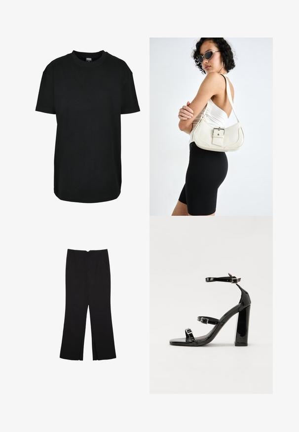 Mustan puuvillan t-paita, jossa on pyöreä kaula-aukko, lyhythihaiset hihat, rento malli ja yksinkertainen muotoilu. Ei näkyviä kuvioita tai yksityiskohtia.; Mustat housut suoralinjaisella leikkauksella, joissa on etutaskut ja sivurei'ät helman alla. Valmistettu pehmeästä ja sileästä kankaasta. Sopii eri tilaisuuksiin.; Musta kiiltävä korkokenkä sandaalit neliönmuotoisella varpaalla, nilkkaremmillä ja hopeisilla soljilla. Varustettu tukevalla lohkokorkealla vakauden takaamiseksi.; Valkoinen nahkalaukku, jossa on kaareva muoto, säädettävä olkahihna ja pieni solk yksityiskohta. Mallilla on yllä tiukka musta asu.