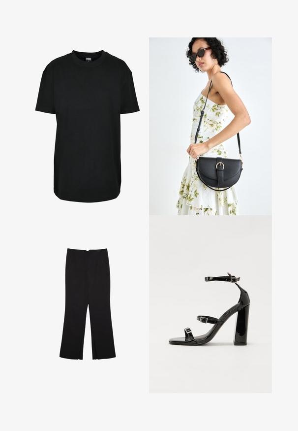 Čierne bavlnené tričko s okrúhlym výstrihom, krátkymi rukávmi, voľným strihom a jednoduchým dizajnom. Žiadne viditeľné vzory alebo akcenty.; Čierne nohavice so strihom rovného strihu, s prednými vreckami a bočnými rozparkami na leme. Vyrobené z mäkkej, hladkej tkaniny. Vhodné na rôzne príležitosti.; Čierne lakované sandále na podpätku so štvorcovou špičkou, navlečenými remienkami okolo členku a striebornými prackami. Disponujú masívnym blokovým podpätkom pre stabilitu.; Čierna kožená kabelka s zaobleným tvarom, odnímateľným popruhom a zlatými doplnkami. Kabelka má klopu s detailom s prackou.