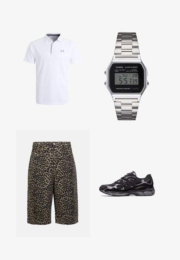 Witte polo met een gestructureerde stof, korte mouwen en een ritssluiting bij de kraag. Bevat een grijs logo op de linkerkant van de borst.; Leopardprint spijkershorts in aardetinten, met een knoopsluiting, vijf zakken en een relaxte pasvorm.; Zwarte sportschoen met een bovenwerk van mesh en suede, met een gestructureerd ontwerp en een robuuste, gewatteerde grijze zool.; Digitale Casio-horloge met een zwart wijzerplaat, een zilveren roestvrijstalen band, rechthoekige kast en knoppen voor verlichting, ronde-reset en modusinstellingen.