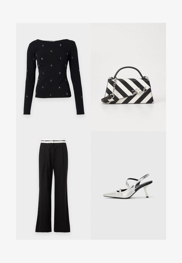 Svart langermet topp laget av mykt stoff, med rund hals og spredte rhinestone-bokstaver "A," "K," og "L" over hele toppen.; Sorte bukser med avslappet passform, med hvit elastisk midjebånd med merkevare. Laget av glatts materiale med en lett glans.; Sølv slingback hæler med spiss tå, med en jevn metallisk finish, en slank hæl og dekorative stroppdetaljer.; Svart- og hvitstripet håndveske med en strukturert form, som har et topphåndtak, en avtakbar kjedestropp, og metallisk logo-akcent.