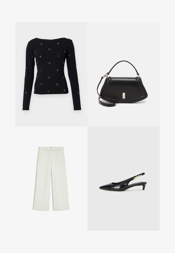 Black long-sleeve top made from soft fabric, featuring a crew neckline and scattered rhinestone letters "A," "K," and "L" throughout.; Wide-leg pants in light cream fabric, featuring side pockets, a flat front, and a single button closure at the waist. Smooth texture.; Black leather slingback heels with a pointed toe, featuring a slim heel and a gold-tone accent on the adjustable strap. Smooth texture.; Black leather handbag with a structured design, featuring a cropped shape, top handle, and gold hardware accent. Adjustable shoulder strap included.