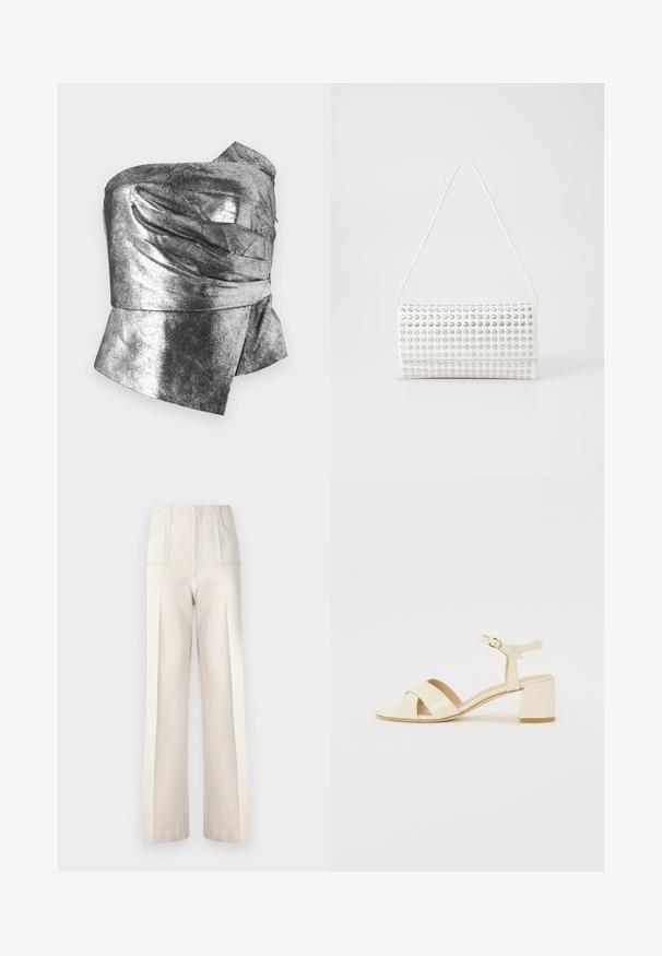 Metaliczny srebrny top bez ramiączek o fakturowanej powierzchni. Posiada marszczone detale i asymetryczny dół. Wykonany z błyszczącego, lekkiego materiału.; Beżowe spodnie szerokie w nogawkach z wysokim stanem, dwoma przednimi kieszeniami i widocznymi przeszyciami. Wykonane z gładkiego, lekkiego materiału.; Beżowe sandały na obcasie z lakierowanej skóry z krzyżowym paskiem, otwartym noskiem, regulowanym paskiem na kostkę i blokowym obcasem. Gładka faktura.; Biała torebka o zaokrąglonym kształcie, z teksturowaną powierzchnią pokrytą srebrnymi ćwiekami. Posiada cienki pasek na ramię i eleganckie zapięcie.