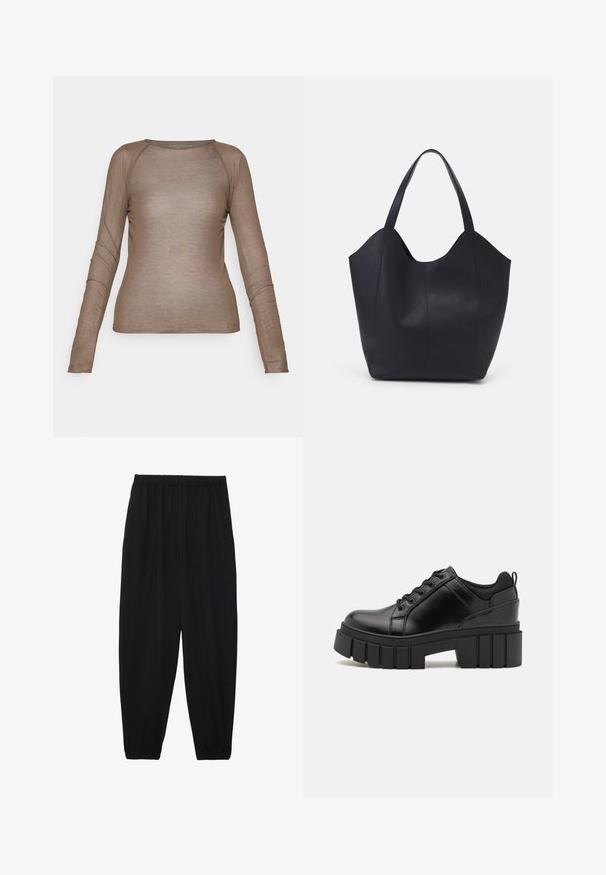 Long-sleeve, fitted top in light brown, made from a sheer material. Features a round neck and subtle seam details along the sleeves.; Black, lightweight pants with an elastic waistband and gathered ankles. The fabric is smooth and features a relaxed, tapered design.; Black leather platform shoes with a chunky block heel, round toe, and traditional lace-up design. Features smooth texture and minimal detailing.; Black tote bag made of smooth leather, featuring a curved, open top with two shoulder straps and a minimalist design.