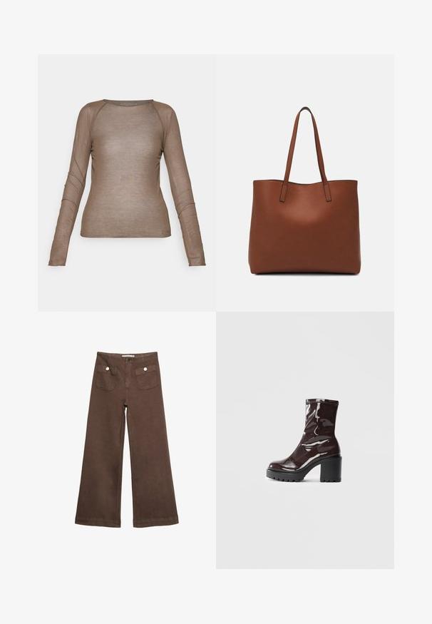 Dlouhý rukáv, přiléhavý top ve světle hnědé barvě, vyrobený z průhledného materiálu. Obsahuje kulatý výstřih a jemné švy podél rukávů.; Hnědé široké kalhoty vyrobené z bavlny, s dvěma předními kapsami a stříbrnými knoflíky, s hladkou texturou.; Lesklá bordó kotníková bota s masivním černým podpatkem, se hladkým povrchem a jednoduchým designem. Žádné viditelné zapínání ani vzory.; Hnědá kožená taška přes rameno s hladkou texturou, otevřeným designem a dvěma ramenními popruhy. Obsahuje minimální švy a žádné viditelné kovové prvky.
