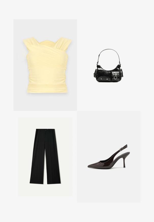 Top galben fără mâneci, cu bretele încrucișate, detalii pliate și un design ajustat. Fabricat dintr-un material neted și elastic.; Bershka WIDE - Pantaloni - black; Pantof cu toc înalt Slingback din piele sintetică lucioasă de culoare maro închis, vârf ascuțit, laterale deschise și curea ajustabilă la glezne.; Geantă de mână din piele lăcuită neagră, cu o formă curbată, un umăr, buzunare frontale și accente din metal argintiu.