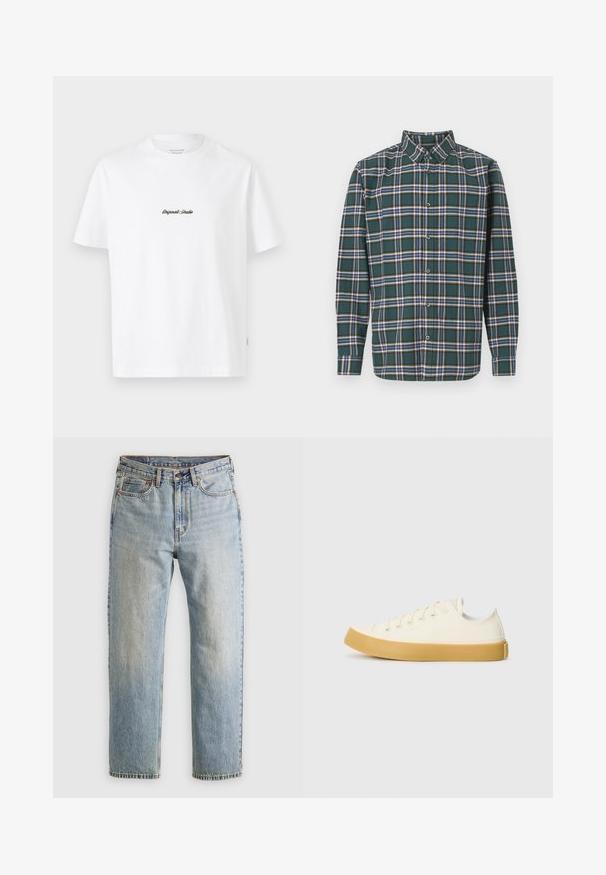 Hvit bomulls T-skjorte med korte ermer, med en liten svart "Originals Studio" logo på brystet og en teksturert etikett på kanten.; Grønn flanellskjorte med rutete mønster som har blå, hvite og sennepsgule linjer. Knapper foran og spiss krage. Lange ermer.; Lys blå denim jeans med høy midje, frontknapp, glidelås og fem-lommers design, lagt flatt på en nøytral bakgrunn.; Canvas sneakers i off-white med rund tå, med beige gummisåler og fem hull for lisser, strukturert finish på overdelen.