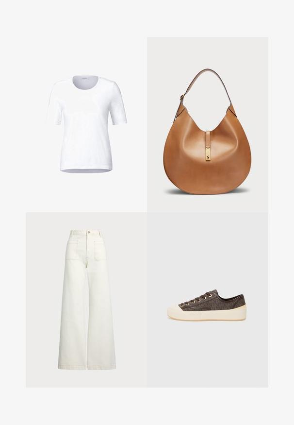Camiseta blanca de cuello redondo con mangas cortas, hecha de algodón suave. Textura lisa, diseño sencillo y un dobladillo recto. Etiqueta de la marca visible.; Jeans de pierna ancha en denim color blanco roto. Diseño de cintura alta con cierre de botón, dos bolsillos frontales y detalles de costura en contraste.; Zapatillas de lona marrón con patrón, ojales dorados, cierre de cordones y puntera y suela de goma blanca. Presentan un acabado texturizado.; Bolso de mano de cuero marrón claro con forma curva y una amplia correa para el hombro. Presenta un acento de metal dorado en el centro y una textura suave.