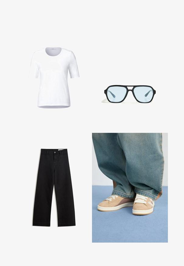 Hvid rundhalset t-shirt med korte ærmer, lavet af blødt bomuld. Glat tekstur, enkelt design og lige kant. Brandmærke synligt.; Sorte wide-leg denim bukser med høj talje, der har front- og baglommer, syede sømme og en knaplukning. Glat tekstur.; Beige sneakers lavet af ruskind og stofmaterialer, med hvide snørebånd, lysebrune accenter og en tekstureret sål. Båret med løse blå denim-bukser.; Sorte solbriller med rektangulære rammer, blåtonede linser og et karakteristisk brodesign. Slank finish, afdæmpet tekstur.; Sort læderhåndtaske med et buet design, guld logo-plade detaljer og en slank skulderrem. Glat tekstur med en elegant finish.