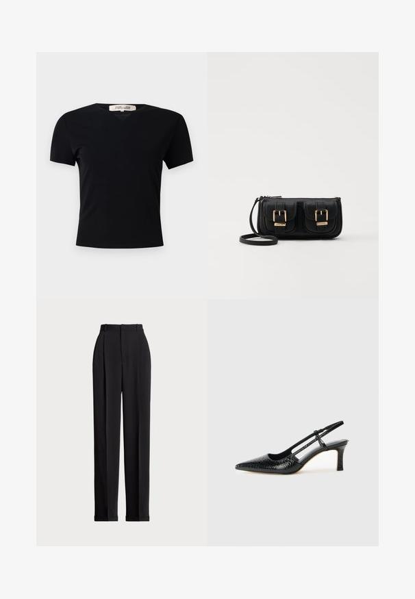 Camiseta negra de manga corta con diseño de cuello en V, fabricada en un tejido liso y elástico. Presenta una silueta simple y clásica sin adornos.; Pantalones negros a medida con una cintura alta, que cuentan con pliegues en la parte delantera, un diseño de pierna recta y dobladillo con vuelta. Fabricados con un tejido suave.; Tacón slingback negro de charol con punta afilada, que presenta un estampado de serpiente texturizado, correa ajustable y un tacón bloque corto y texturizado.; Bolso cruzado de cuero negro con dos bolsillos frontales, hebillas doradas, cierre de cremallera y una correa delgada. Superficie texturizada y forma rectangular compacta.