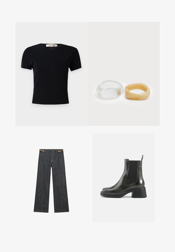 Zwarte T-shirt met korte mouwen en V-halsontwerp, gemaakt van een gladde, rekbare stof. Kenmerkt zich door een eenvoudige, klassieke silhoutte zonder versieringen.; Donkergewassen denimwijdpijpbroek met een hoge taille. Kenmerken zijn zichtbare stiksels, een knoopsluiting en een unieke kettingaccent aan de taille.; Zwarte leren enkellaarzen met een gladde afwerking, elastische zijpanelen en een zware hak. Voorzien van een lus voor gemakkelijker aan- en uittrekken.; Heldere en amber harsringen, de ene glad en transparant, de andere met een gestructureerde, amberkleurige afwerking. Beide hebben afgeronde, chunky ontwerpen.