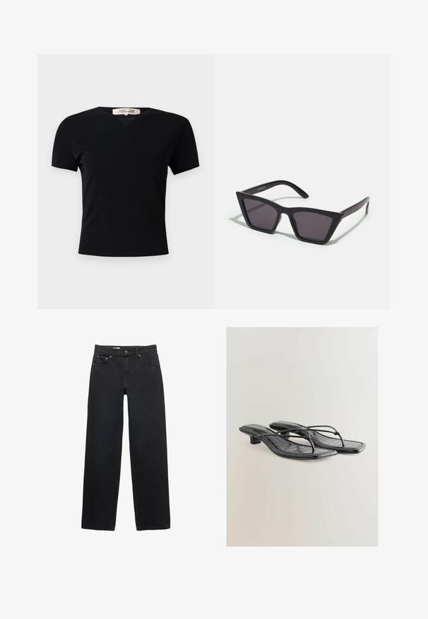 Čierne tričko s krátkym rukávom a výstrihom do V, vyrobené z hladkej, elastickej textílie. Má jednoduchý, klasický strih bez zdobenia.; Čierne široké džínsy vyrobené z denimového materiálu, s piatimi vreckami, zatvorením na gombík, jemným prešívaním a rovnom strihom od pásu po lem.; Čierne lakované sandále na vysokom podpätku z faux kože so štvorcovou špičkou, tenkými popruhmi a detailami s krokodíliou textúrou. Dizajn s nízkym blokovým podpätkom.; Čierne, ostré slnečné okuliare so sivými sklami; vyrobené z plastu, majú hrubé ramená s hladkým povrchom a bez viditeľnej mechaniky.; Čierna kožená kabelka s textúrovaným povrchom, ktorá má dve vrchné rukoväte, odnímateľný popruh cez rameno a strieborný uzáver.