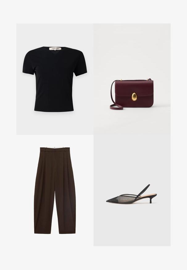 Crna kratka majica s kratkim rukavima i V-izrezom, izrađena od glatkog, rastezljivog materijala. Ima jednostavan, klasičan kroj bez ukrasa.; Smeđe hlače visokog struka s nabranim detaljima, izrađene od glatkog materijala. Labav kroj, ravne nogavice, sa petljama za remen i zatvaračem na munju.; NEOUS IRENA - Klasične cipele s visokom petom - black; Burgundska kožna torba za preko ramena s glatkom teksturom, ovalnim zlatnim kopčom i prilagodljivom trakicom, koja ima jednostavan pravokutni oblik.; Vivienne Westwood MAYFAIR BAS RELIEF PENDANT - Ogrlica - gold-coloured