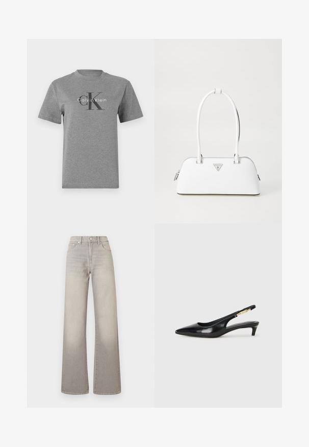 Siva pamučna majica s okruglim izrezom, kratkim rukavima, s crnim "CK" logotipom i bijelim natpisom "Calvin Klein".; Sive široke traperice s izblijedjelim završetkom, zatvaranje na dugme, dizajn s pet džepova i prošivene detalje duž šavova.; Crne kožne sandale s petom, s izduženim vrhom, imaju usku petu i zlatni akcent na podesivoj traci. Glatka tekstura.; Bijela kožna torba s zakrivljenim oblikom, sadrži srebrni trokutasti logo i zatvaranje na patentni zatvarač. Glatka tekstura i dvostruke ručke.