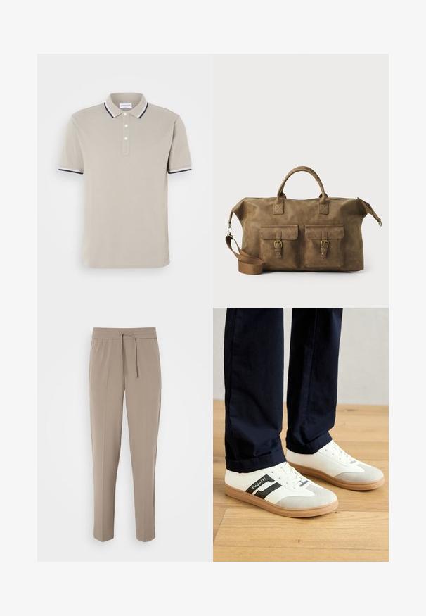 Beige polo-shirt i bomullsblanding, med en to-knappers stolpe, kontrasterende marineblå og hvit krage og ermene, med diskret logo brodering.; Lys beige bukser med elastisk talje, justerbar snor og avsmalnede ben. Stoffet ser glatt ut med en svak glans.; Hvite og grå sneakers med svarte striper, laget av lær, med gummisåle og flate lisser. Brukt med marineblå bukser på et trefloor.; Brun lær duffelbag med to frontlommer, justerbar skulderrem, gullfarget maskinvare og robuste topphåndtak. Glatt tekstur.