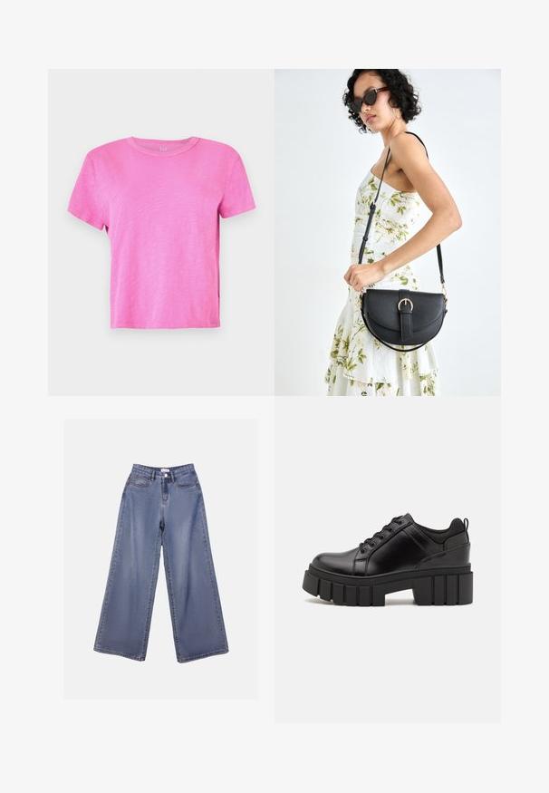 Short-sleeve, crew-neck T-shirt in bright pink. Made of soft, textured fabric with a relaxed fit and a slightly heathered appearance.; Wide-leg denim jeans in a light blue wash, featuring a high waist, front pockets, and a button closure with belt loops.; Black leather platform shoes with a chunky block heel, round toe, and traditional lace-up design. Features smooth texture and minimal detailing.; Black leather handbag with a curved shape, detachable strap, and gold hardware. The bag features a flap with a buckle detail.