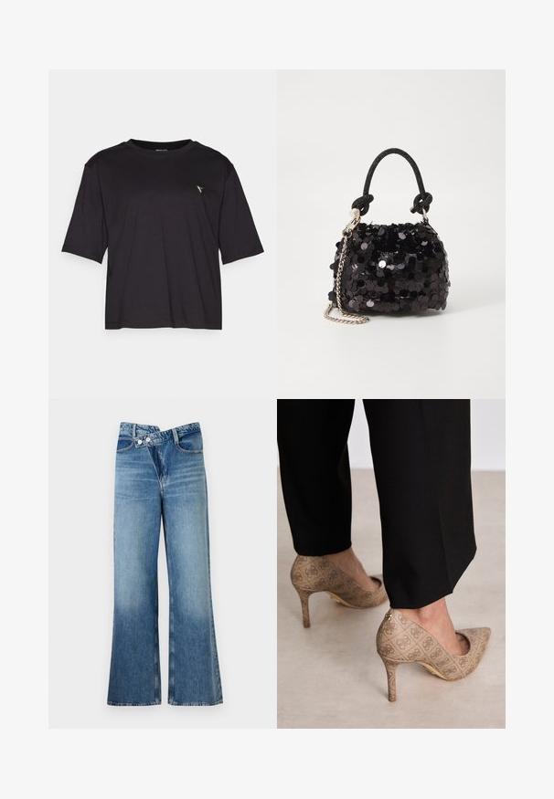Črna majica s kratkimi rokavi iz bombaža, ima okroglo ovratnico in majhen trikotni logotip na levi strani blizu prsi.; Svijetloplave traperice s flared krojem i visokim strukom, koje se zatvaraju s dva gumba i imaju prednje džepove. Tkanina ima izblijedjeli izgled s suptilnim varijacijama.; Bež čevlji na visokem petem z teksturirano tkanino, ki ima ponavljajoč vzorec. Oblika z ostrim nosom z zadaj poudarjenim delom in zlatim podplatom.; Črna mini torbica s palčkami iz bleščic, z vozlanim teksturiranim trakom in srebrnima verigama. Okrogla oblika z nabranim vrhom in odsevnimi detajli.