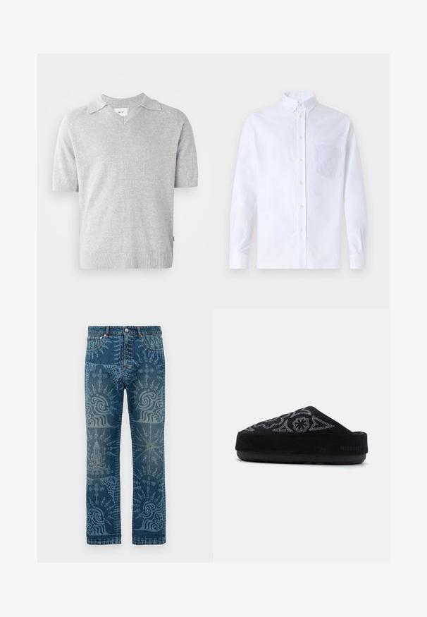 Lyhythihainen harmaa neulepaitapusero, jossa on V-pääntie. Puserossa on hieno tekstuuri sekä resorit helmassa ja hihoissa. Brändilogo näkyvissä sisäpuolella.; Valkoinen pitkähihaista napillista paitaa, joka on valmistettu puuvillasta. Paita sisältää rinnan kohdalla taskun, jossa on samaa sävyä oleva brodeeraus, kauluksen sekä napilliset hihansuut.; Dungarees denim dengan warna biru medium, menampilkan pola biru muda yang rumit, desain kaki lurus, gaya lima kantong klasik, dan penutupan kancing.; Mustat mokkanahkasaappaat, joissa on brodeerattu kuvio, pyöreä kynsi, paksu pohja ja teksti "MOON BOOT" kannassa. Strukturoidun pinta.