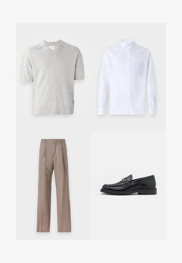 Lühikeste varrukatega hall lõngakootud polo särk V-kaelusega, millel on peene tekstuur ja soonikkoes äärised varrukatel ning allservas. Brändi silt on nähtav seestpoolt.; Valge pikamaa varrukatega nööbiga särk, mis on valmistatud puuvillast ja millel on rinna tasku toon-toonis brodeeringuga, krae ja nööbiga mansetid.; Prunnid, kõrge vöökohaga püksid, mis on valmistatud tekstureeritud kangast. Omavad laiu jalgu ja kahte eesmist voldikut struktuuri jaoks. Korralik viimistlus, ilma nähtava riistvarata.; Mustad nahast loafers ümarate varvastega, millel on kuldne riistvaraline aksessuaar ja tikandite detail, paigutatud madalale, tekstureeritud kummist tallale.