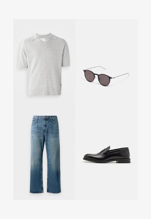 Camisa polo de malha cinza de manga curta com decote em V, apresentando uma textura subtil e bainha e mangas caneladas. Etiqueta da marca visível no interior.; Calças de ganga de perna larga em azul claro com um efeito desgastado, apresentando fecho de botão único, cinco bolsos e costuras em contraste.; Mocassins de couro preto com uma textura suave, bico arredondado e uma faixa decorativa sobre o peito do pé. Salto baixo e empilhado, design minimalista.; Óculos de sol redondos pretos com lentes escuras e hastes metálicas finas. Inclui pontas de templo transparentes e detalhes em prata na dobradiça. Design minimalista.