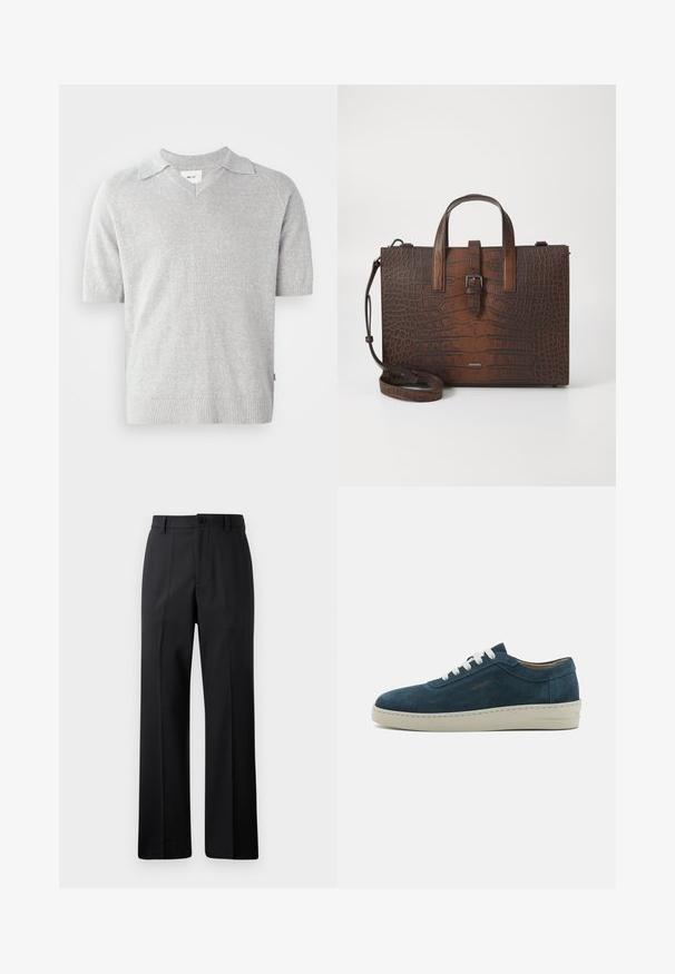 Lühikeste varrukatega hall lõngakootud polo särk V-kaelusega, millel on peene tekstuur ja soonikkoes äärised varrukatel ning allservas. Brändi silt on nähtav seestpoolt.; Mustad mustad varrukatega püksid, millel on vöökohad, ees nupp ja tõmblukk, esitatud lihtsa valge taustaga.; Sinine sametist tennis, ümarate varvastega, valgete paeltega ja kummist tallaga. Omab peeneid tikandeid ja bränditud aktsenti külgedel.; Pruun krokodillimustriga nahk käekott, millel on ülemised käepidemed ja eemaldatav õlavarrepant. Omab klambri sulgemist ja ristkülikukujulist vormi.