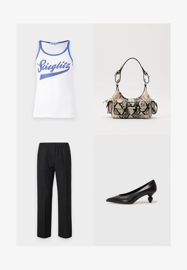 Camiseta sin mangas blanca con ribete azul que presenta un gran gráfico azul de "Stieglitz" en la parte delantera. Fabricada con una tela suave y ligera.; Pantalones negros con cinturilla elástica, diseño de pierna recta y sin bolsillos visibles. Tejido suave con un acabado mate.; Zapato de tacón alto de cuero negro con puntera afilada y un tacón redondeado y abombado. Textura suave con un diseño elegante y minimalista.; Bolso de mano de Python en beige y negro, con una forma estructurada, detalle de hebilla y dobles asas. Superficie texturizada.