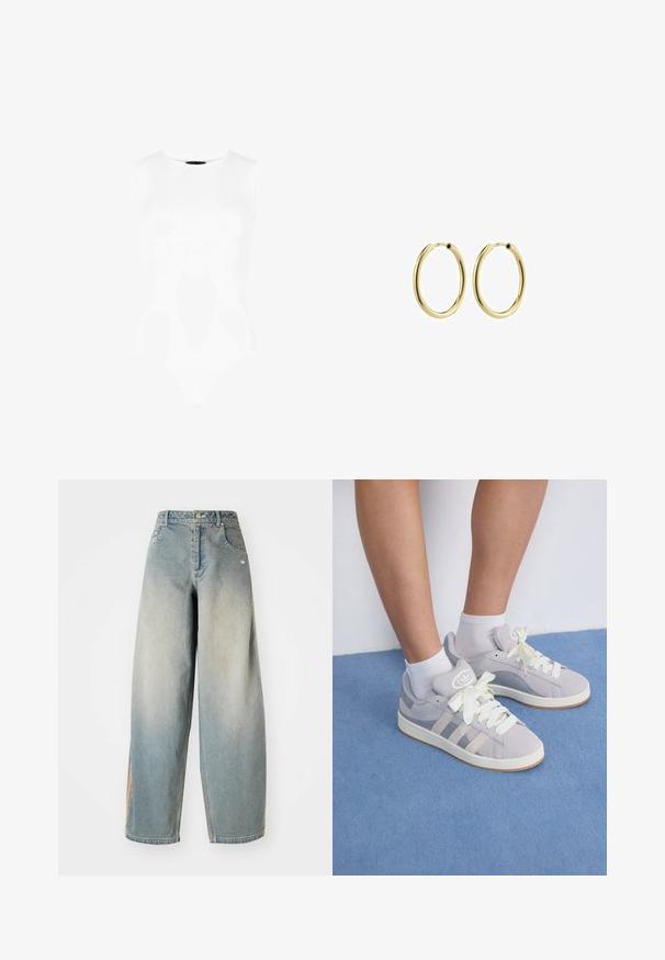 Body bianco senza maniche con scollatura tonda, texture liscia e silhouette aderente, caratterizzato da un taglio a perizoma sul fondo.; Jeans a gamba larga in denim azzurro chiaro con un finish sbiadito. Presentano tasche anteriori, chiusura con bottone e un logo discreto sulla vita.; Sneaker in suede grigio con lacci bianchi e suola in gomma, dotate di tre strisce diagonali sul lato e un'etichetta con logo sulla linguetta.; Orecchini ad anello in metallo dorato con una finitura liscia, forma circolare e una chiusura sicura. Superficie lucida senza motivi o decorazioni visibili.