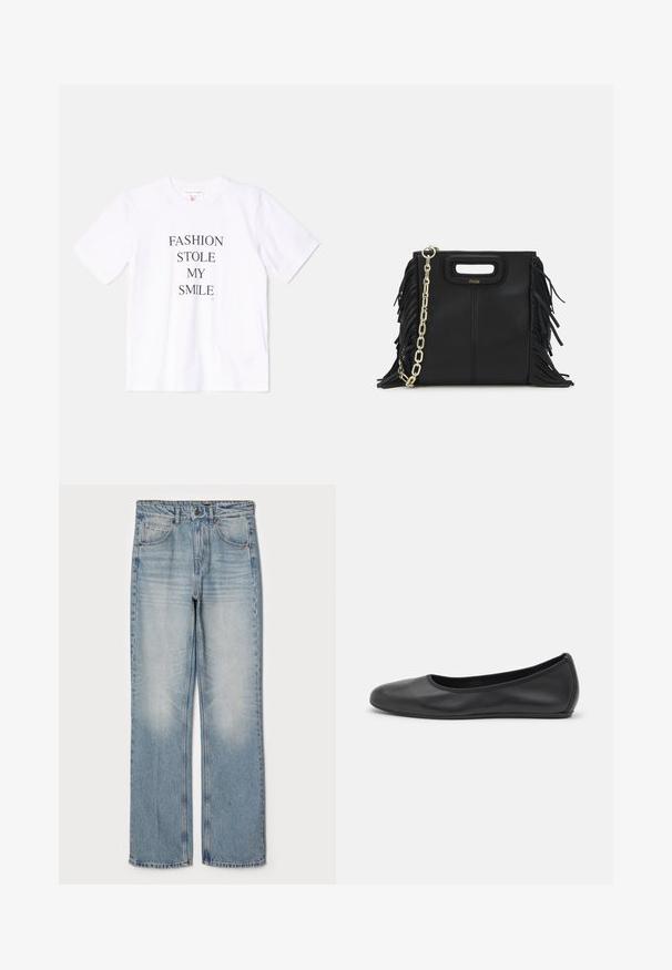 Valge puuvilla T-särk lühikeste varrukatega ja ümmarguse kaelusega, millel on julged mustad kirjad: "MOE VARAS MINU NAERATUSE".; Heledad sinine denimitõus, sirge lõikega, millel on kõrge talje, viie tasku disain ja õrn fades reitel ja põlvedel.; Musthave mustika tantsutossud mustast nahast, ümmarguse varbaga, siledast tekstuurist, minimaalse õmblusdetailiga ja paindliku tallakujundusega.; Musta nahk käekott, millel on frantsiisid, kuldne ahelsanga ja lõigatud käepide. Esiosas on logot.