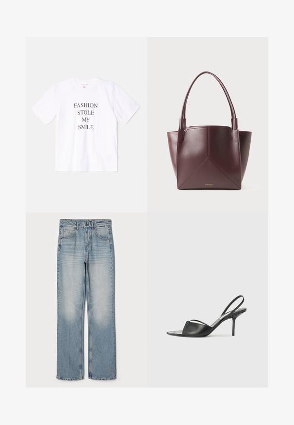 Valkoinen puuvillateepaita, jossa on lyhyet hihat ja pyöreä pääntie. Paidassa on rohkealla mustalla tekstillä painatettu "MUOTI VARASTI HYMYNI".; Vaaleansiniset farkut suoran mittasuhteen kanssa, joissa on korkea vyötärö, viisi taskua ja hienovarainen haalistuma reiden ja polvien alueella.; Mustat nahkaslingback-kengät, joissa on terävä kärki, ohut nilkkaremmi ja stiletto-korko. Yksityiskohtana on solmittu detali vampissä.; Musta ruskea nahkainen olkalaukku, jossa on kaksi kahvaa ja geometrinen paneelipisto, sisältäen pienen kultaisen bränditekstin lähellä alaosaa.