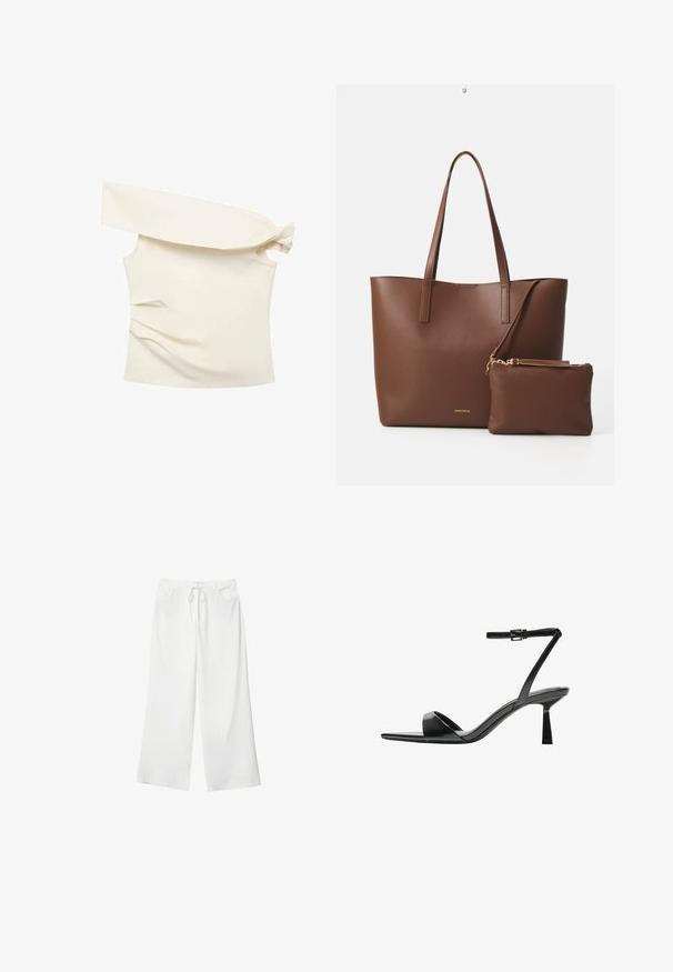 Asimetrična krema majica z enim dolgim rokavom, z vozlom na rami, lahkotna tkanina in prilegajoča silhueta z subtilno teksturo.; Bela široka hlače iz mehkega materiala, z vrvico v pasu in dvema sprednjima žepoma. Gladek texture in brez vidnih vzorcev.; Bershka Sandali z visoko peto - black; Rjava torba iz umetnega usnja z dvema dolgima ročajema in ujemajočo se majhno torbico. Površina ima teksturiran vzorec in zlate kovinske dodatke.