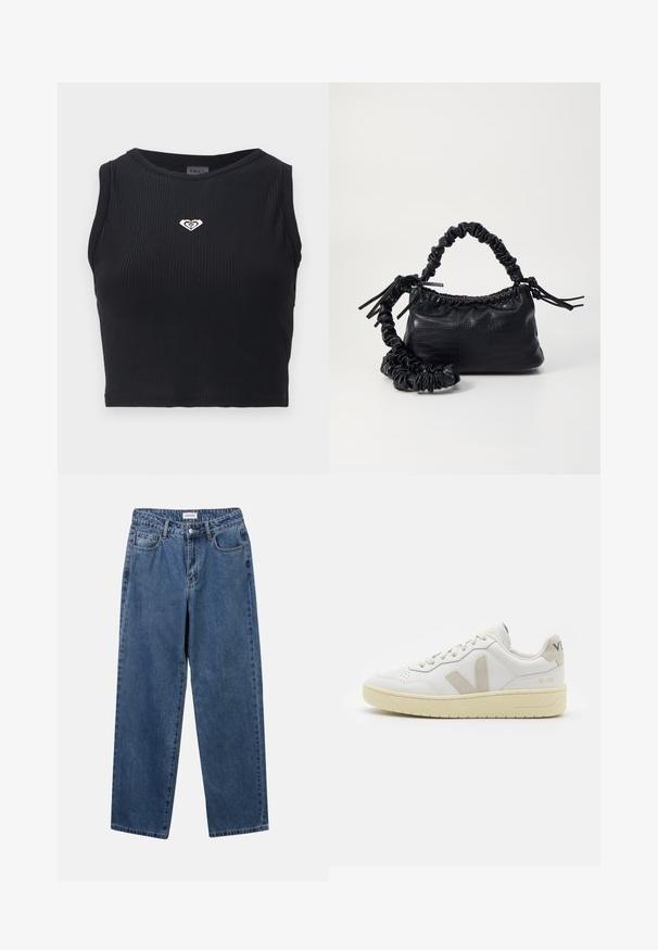 Black ribbed crop top with a round neckline, featuring a small gold heart logo on the chest and a fitted design. Material appears smooth.; Classic blue denim jeans with a straight-leg design, five pockets, and a button closure. Features a medium wash and sturdy texture.; White leather sneaker with beige suede accents, perforated toe box, flat laces, and a textured cream sole. Features subtle branding on heel.; Black faux leather handbag with a crocodile texture, cinched top, and a scrunched strap. Appears soft and compact in design.